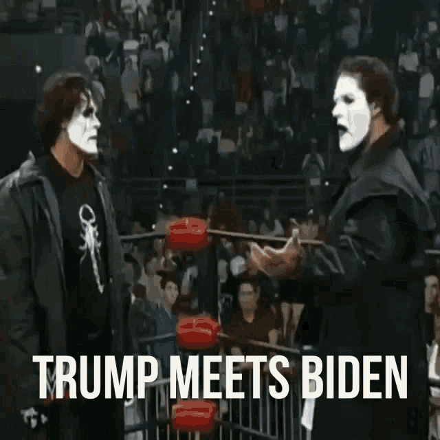 two wrestlers are standing next to each other with the words trump meets biden below them