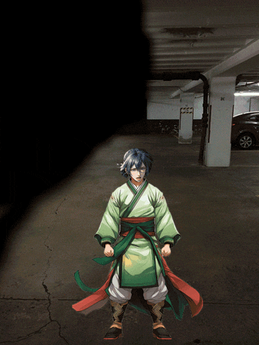 a person in a green and red outfit is standing in a dark parking garage