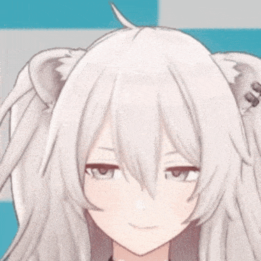 a close up of a cartoon character with white hair and ears