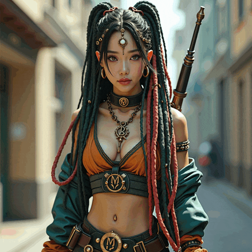 a woman with dreadlocks is wearing a necklace with the letter m on it