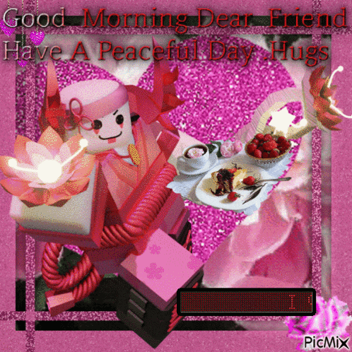 a greeting card that says good morning dear friend have a peaceful day hugs on it
