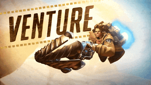 a man is flying through the air with the word venture written above him