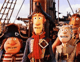 a group of cartoon pirates are standing on a boat .