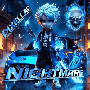 a poster for pixellap nightmare with a boy holding a sword in front of a blue car