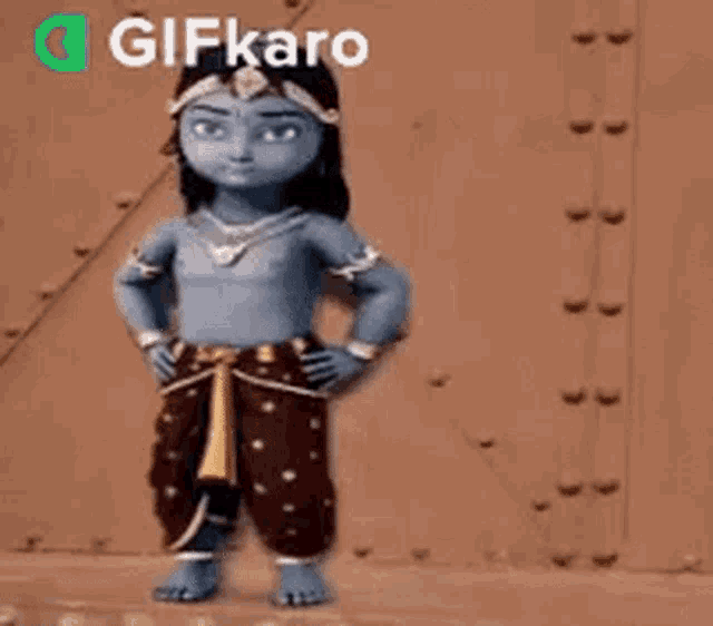 a cartoon of a baby krishna dancing in front of a metal wall .