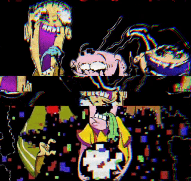 a cartoon character with a purple mouth is surrounded by pixelated images