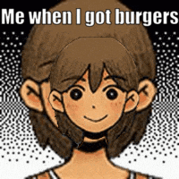 a cartoon of a boy with a big head and the words `` me when i got burgers '' written on it .