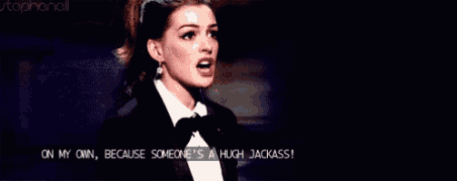 a woman in a tuxedo says on my own because someone 's a hugh jackass !