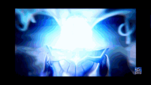a screen shot of a video game with a blue light coming out of it and the letter p in the corner