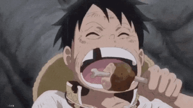 monkey d luffy from one piece is eating a piece of meat with a stick in his mouth .