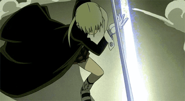 a girl in a black cape is holding a sword in her hand