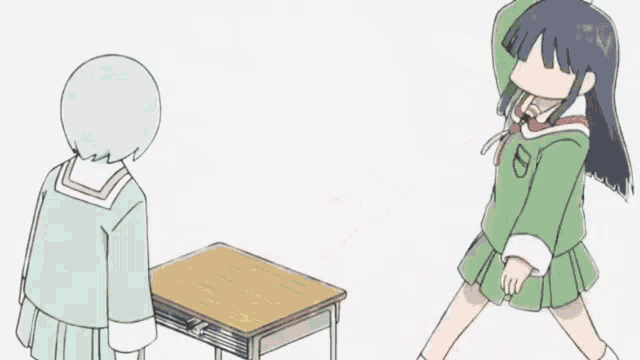 a drawing of a girl standing next to a desk with a gun on it