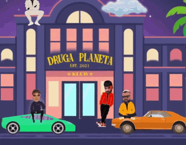 a poster for druga planeta shows a man in a green car and two men in orange cars