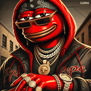 a cartoon character wearing a red hoodie and a bandana with the word luma on the bottom