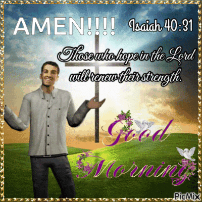 a man is standing in front of a cross with the words amen and isaiah 40:31 on it