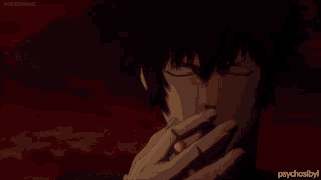 a man is smoking a cigarette in a dark room with psychosibyl written on the bottom right