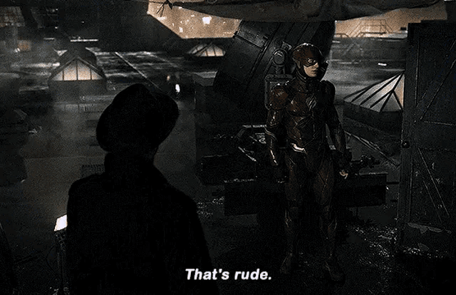 a man in a superhero costume says that 's rude while standing next to another man