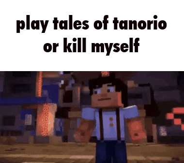 a minecraft character is standing in front of a city with the words play tales of tanorio or kill myself