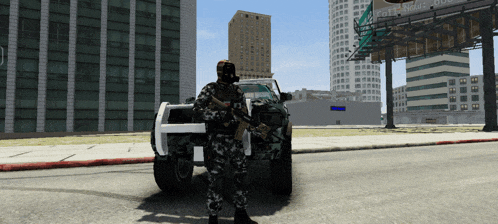 a man in a military uniform stands next to a vehicle with a billboard in the background that says call now