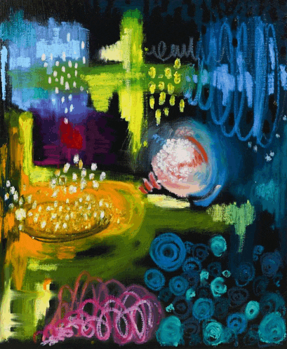 a painting of a bowl of popcorn surrounded by swirls and circles