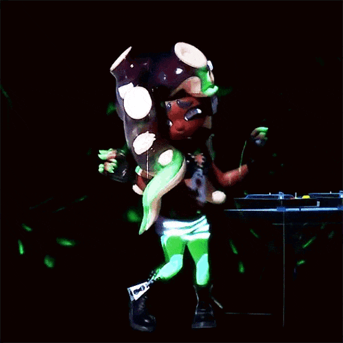 a cartoon character is dancing with a green octopus