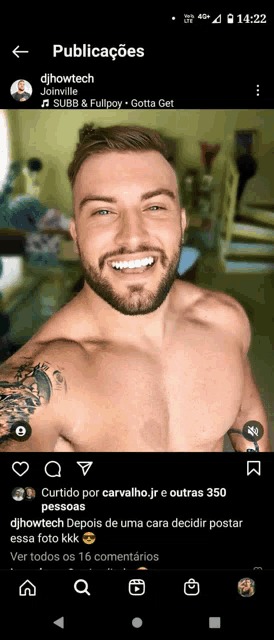 a man without a shirt is smiling in a photo on a cell phone