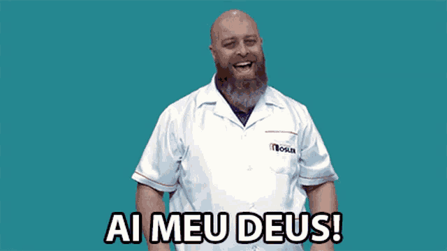 a bald man with a beard is wearing a white shirt that says " ai meu deus " on it