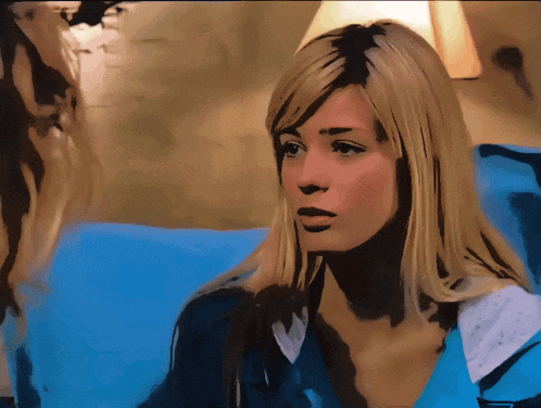 a painting of a blonde woman sitting on a blue chair