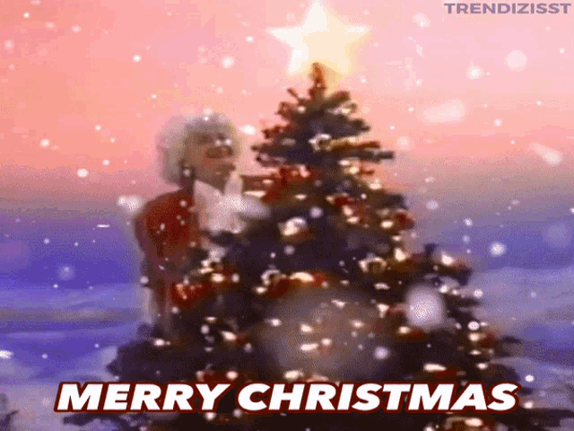 a christmas tree with a star on top and the words merry christmas in red