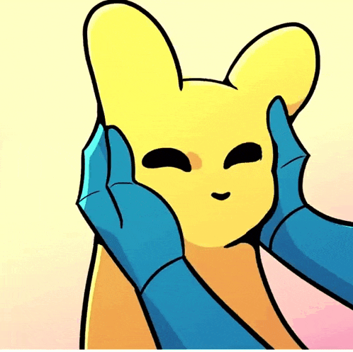 a cartoon drawing of a person petting a yellow rabbit