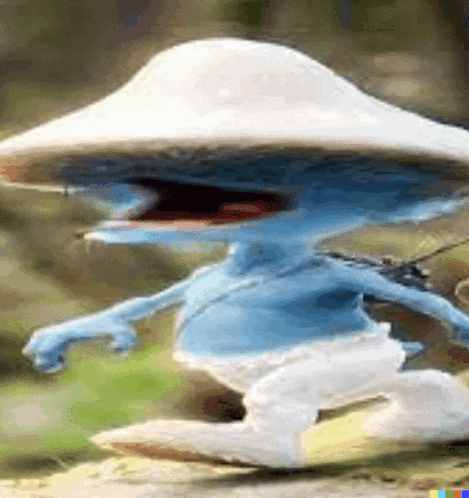 a blue cartoon character wearing a white hat and shorts