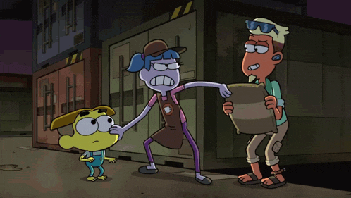 a group of cartoon characters are standing in front of a building that has the letter h on it