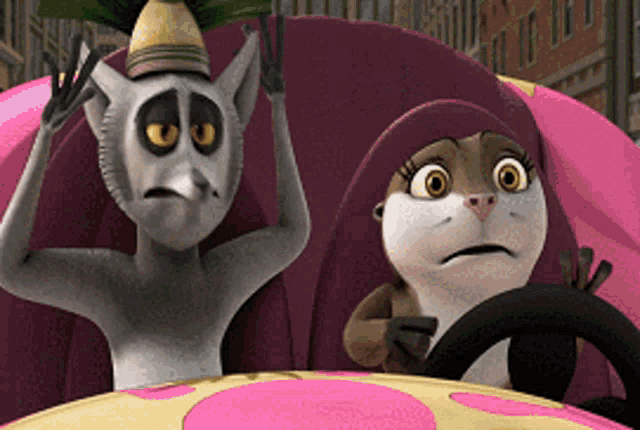 a cartoon lemur and a cartoon opossum are sitting in a car
