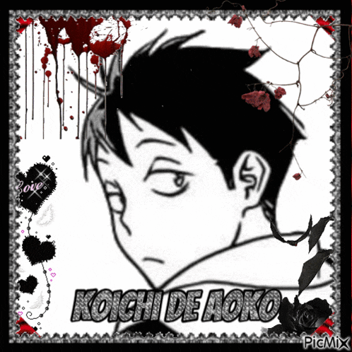 a black and white drawing of a boy with the name koichi de aoko on it