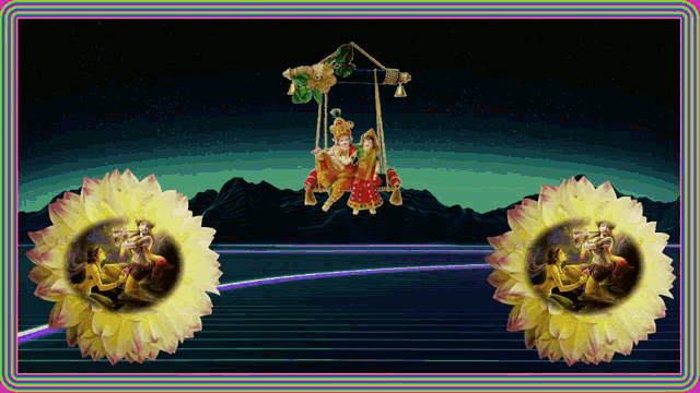 a painting of a man and woman on a swing with flowers in the foreground