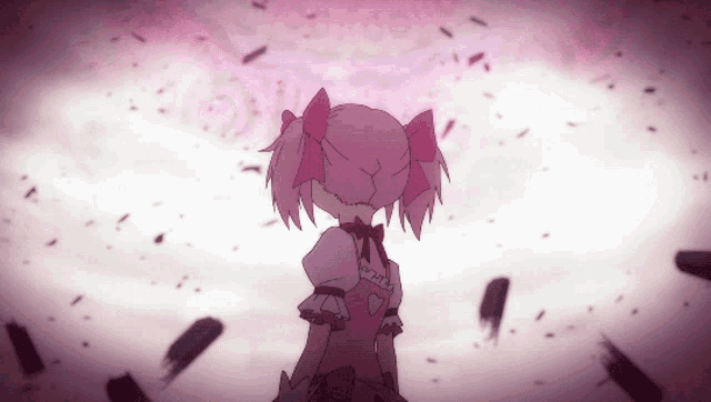 a girl with pink hair is standing in front of a pink background