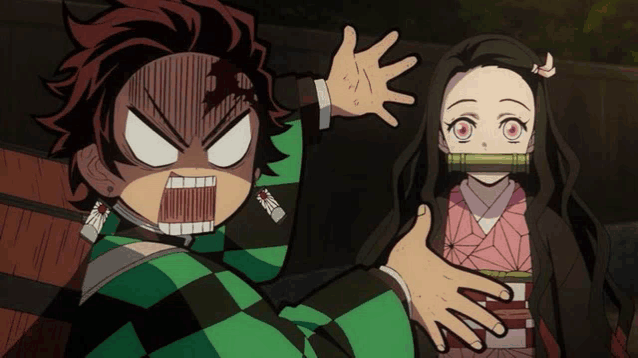 a cartoon character with a surprised look on his face is standing next to a girl with red eyes