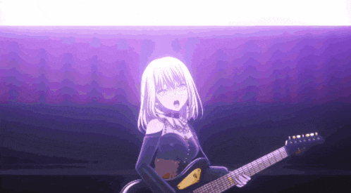 a girl in a black dress is playing a guitar in front of a purple background