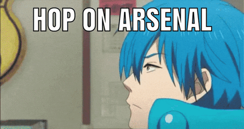 a blue haired anime character with the words hop on arsenal written above him