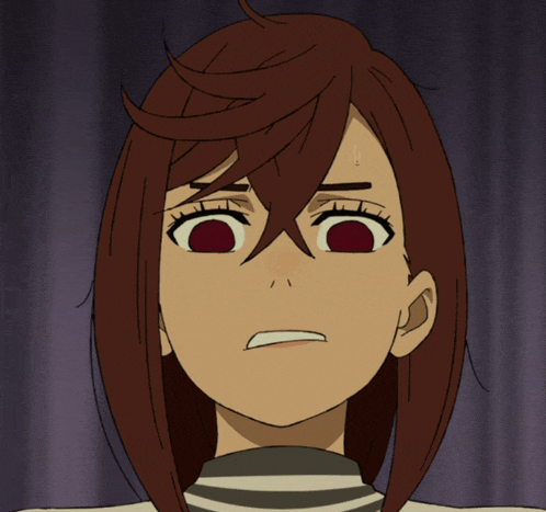 a close up of a girl 's face with red eyes and a striped shirt