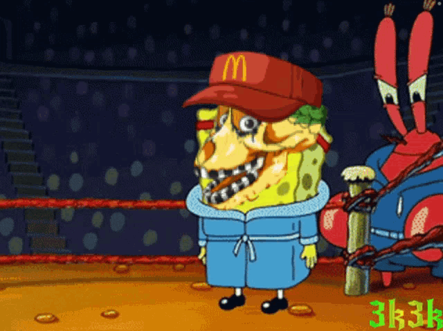 a cartoon of spongebob wearing a mcdonald 's hat and a blue coat