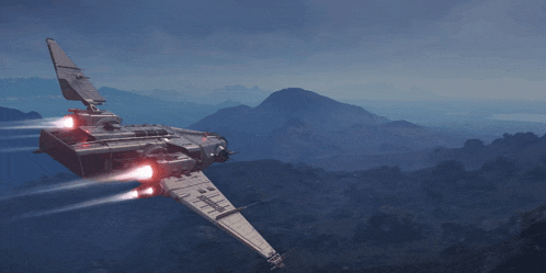 a futuristic space ship is flying over a mountain range