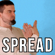 a man with a beard is clapping in front of a blue background that says spread