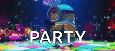 a cartoon minion is dancing on a disco floor with the word party written above him .