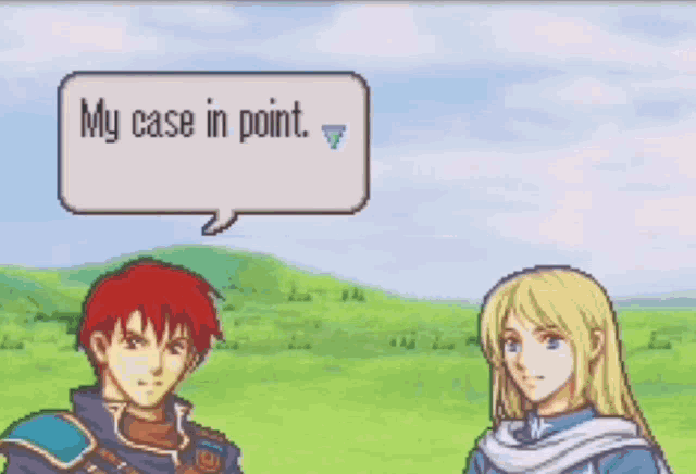 a man and a woman in a video game with a speech bubble saying my case in point