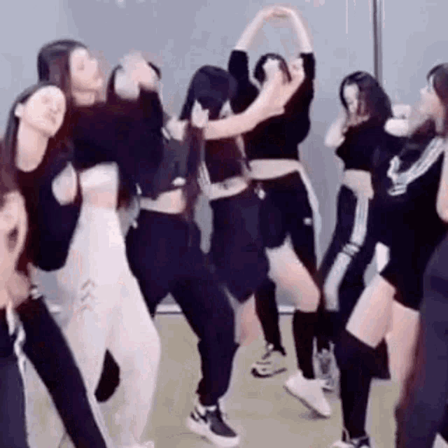 a group of young women are dancing in a room .