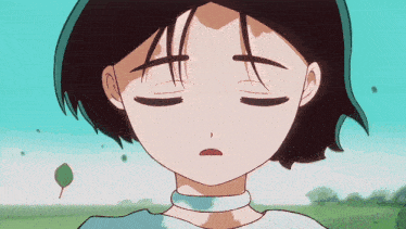 a cartoon of a girl with her eyes closed in a field