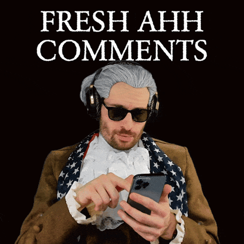 a man wearing a wig and sunglasses is pointing at a cell phone with the words fresh ahh comments above him