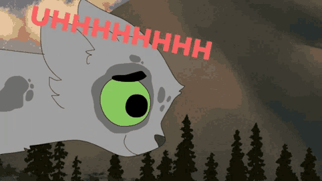a cartoon drawing of a cat with a green eye and the words uhh written above it