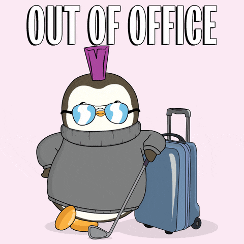 a penguin wearing sunglasses is holding a golf club and a suitcase with the words out of office above it